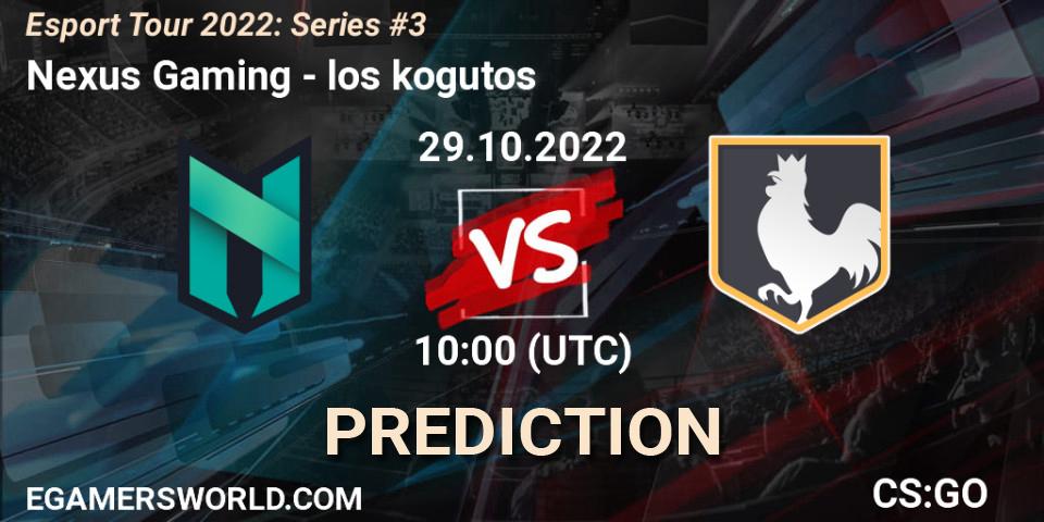 Nexus Gaming contre los kogutos : prédiction de match. 29.10.2022 at 10:00. Counter-Strike (CS2), Esport Tour 2022: Series #3