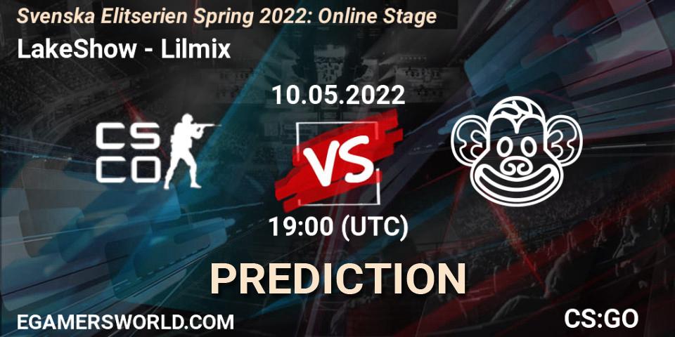 LakeShow contre Lilmix : prédiction de match. 10.05.2022 at 19:00. Counter-Strike (CS2), Svenska Elitserien Spring 2022: Online Stage