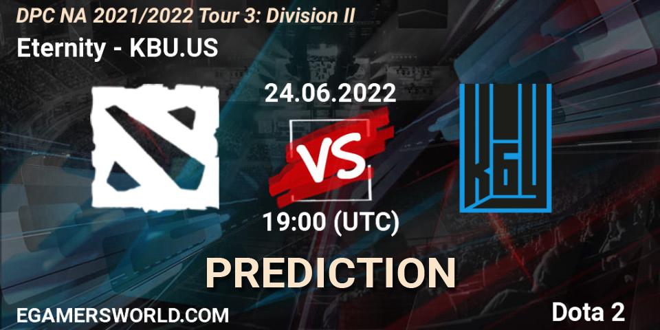 Eternity contre KBU.US : prédiction de match. 24.06.2022 at 18:56. Dota 2, DPC NA 2021/2022 Tour 3: Division II