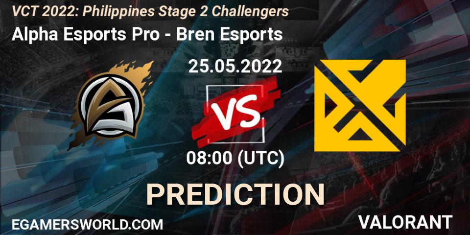 Alpha Esports Pro contre Bren Esports : prédiction de match. 25.05.2022 at 07:30. VALORANT, VCT 2022: Philippines Stage 2 Challengers