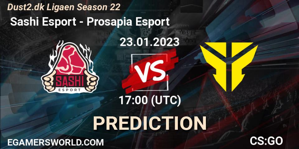  Sashi Esport contre Prosapia Esport : prédiction de match. 23.01.2023 at 19:00. Counter-Strike (CS2), Dust2.dk Ligaen Season 22