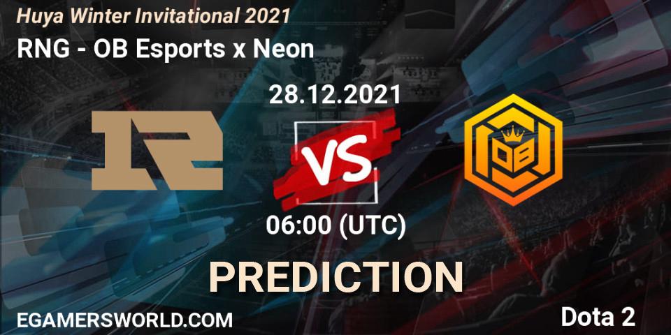RNG contre OB Esports x Neon : prédiction de match. 28.12.2021 at 06:04. Dota 2, Huya Winter Invitational 2021