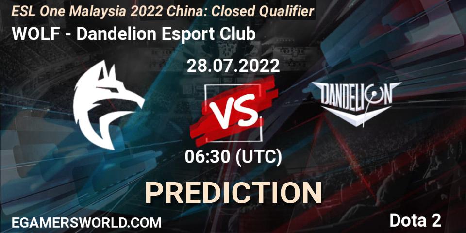 WOLF contre Dandelion Esport Club : prédiction de match. 28.07.2022 at 06:33. Dota 2, ESL One Malaysia 2022 China: Closed Qualifier