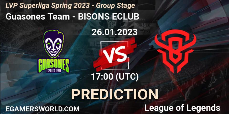 Guasones Team contre BISONS ECLUB : prédiction de match. 26.01.2023 at 17:00. LoL, LVP Superliga Spring 2023 - Group Stage