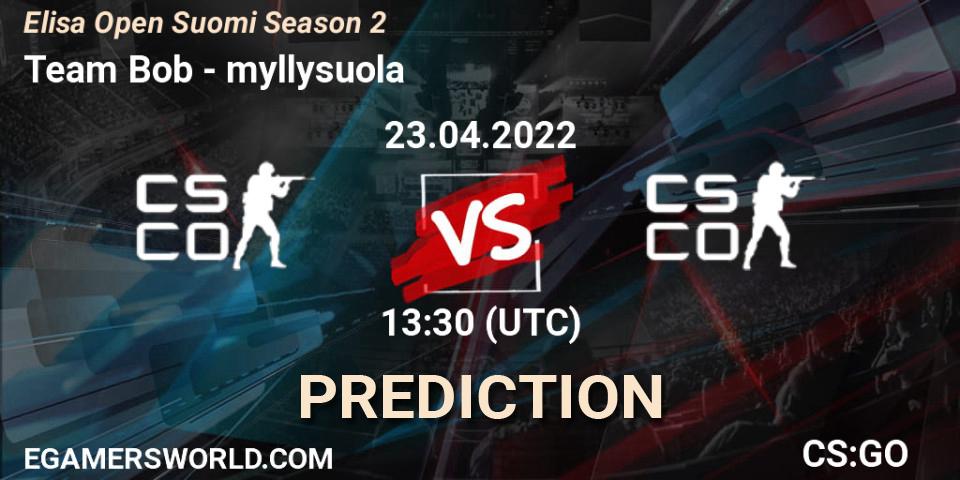 Team Bob contre myllysuola : prédiction de match. 23.04.2022 at 13:30. Counter-Strike (CS2), Elisa Open Suomi Season 2