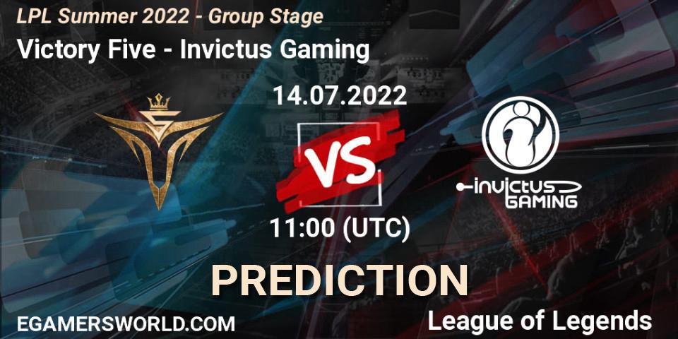 Victory Five contre Invictus Gaming : prédiction de match. 14.07.2022 at 12:00. LoL, LPL Summer 2022 - Group Stage