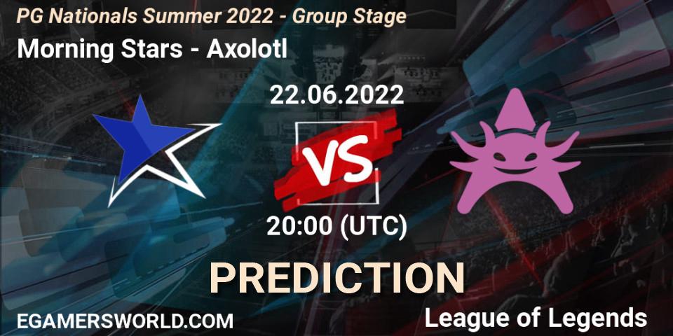 Morning Stars contre Axolotl : prédiction de match. 22.06.2022 at 20:15. LoL, PG Nationals Summer 2022 - Group Stage