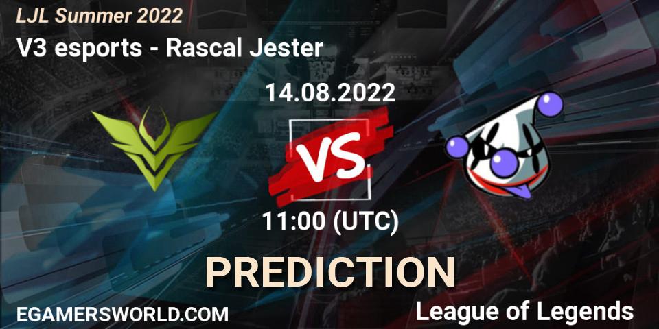 V3 esports contre Rascal Jester : prédiction de match. 14.08.2022 at 11:00. LoL, LJL Summer 2022