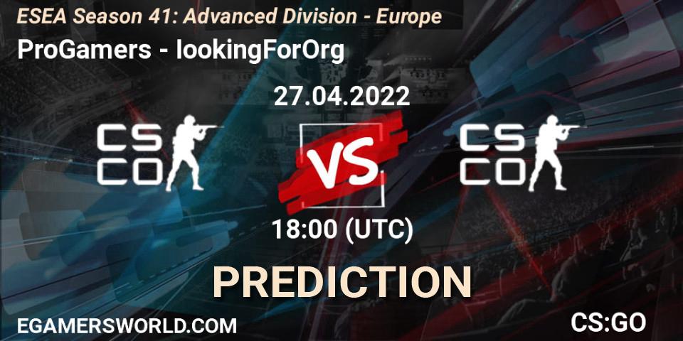 ProGamers contre IookingForOrg : prédiction de match. 27.04.2022 at 18:00. Counter-Strike (CS2), ESEA Season 41: Advanced Division - Europe