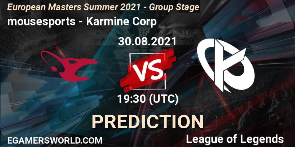 mousesports contre Karmine Corp : prédiction de match. 30.08.2021 at 19:10. LoL, European Masters Summer 2021 - Group Stage