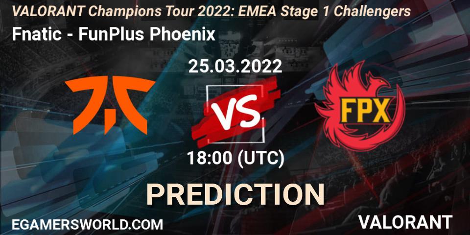 Fnatic contre FunPlus Phoenix : prédiction de match. 25.03.2022 at 15:00. VALORANT, VCT 2022: EMEA Stage 1 Challengers