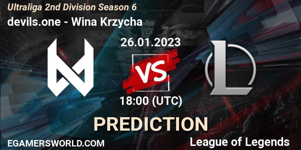 devils.one contre Wina Krzycha : prédiction de match. 26.01.2023 at 18:00. LoL, Ultraliga 2nd Division Season 6