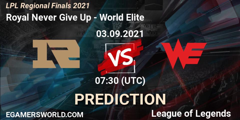 Royal Never Give Up contre World Elite : prédiction de match. 03.09.2021 at 07:00. LoL, LPL Regional Finals 2021