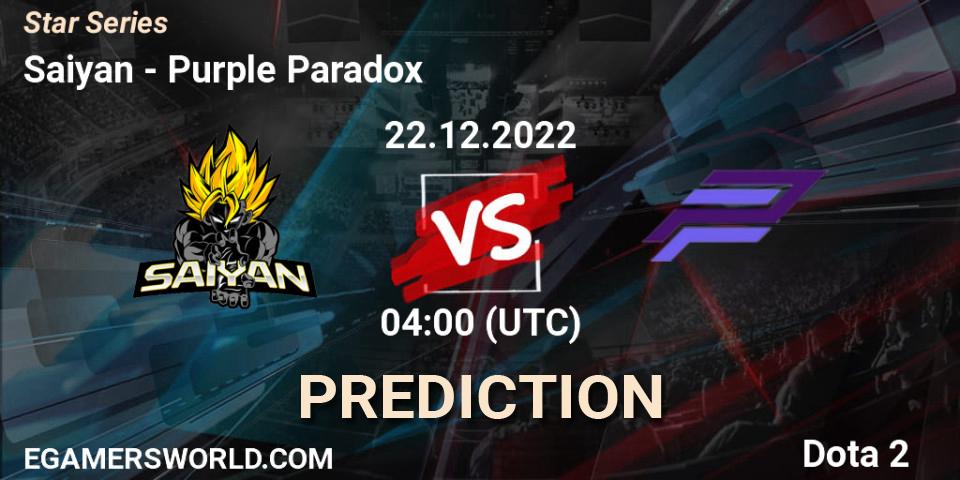 Saiyan contre Purple Paradox : prédiction de match. 22.12.2022 at 04:00. Dota 2, Star Series