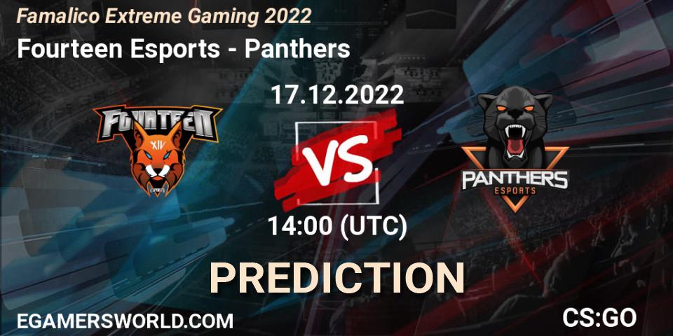 Fourteen Esports contre Panthers : prédiction de match. 17.12.2022 at 14:00. Counter-Strike (CS2), Famalicão Extreme Gaming 2022
