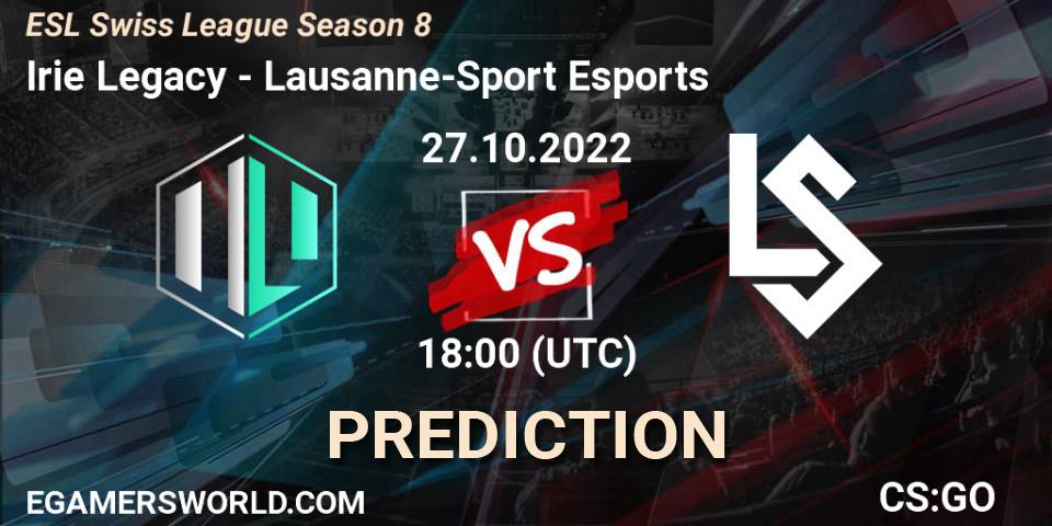 Irie Legacy contre Lausanne-Sport Esports : prédiction de match. 27.10.2022 at 18:00. Counter-Strike (CS2), ESL Swiss League Season 8