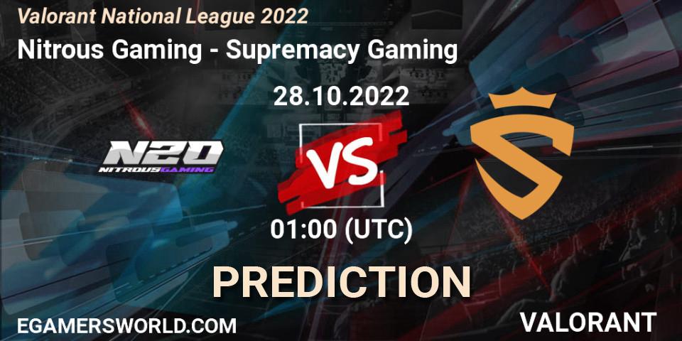 Nitrous Gaming contre Supremacy Gaming : prédiction de match. 28.10.2022 at 01:00. VALORANT, Valorant National League 2022