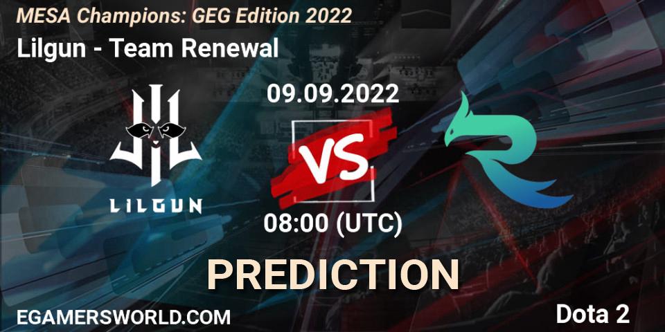 Lilgun contre Team Renewal : prédiction de match. 09.09.2022 at 08:00. Dota 2, MESA Champions: GEG Edition 2022