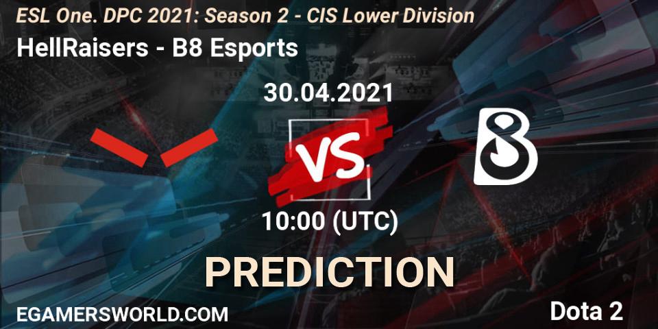 HellRaisers contre B8 Esports : prédiction de match. 30.04.2021 at 09:55. Dota 2, ESL One. DPC 2021: Season 2 - CIS Lower Division