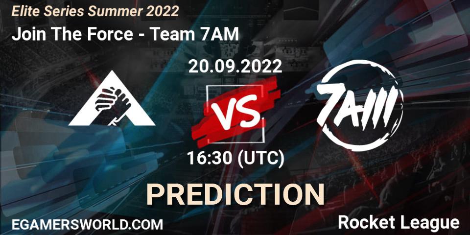 Join The Force contre Team 7AM : prédiction de match. 20.09.2022 at 16:30. Rocket League, Elite Series Summer 2022