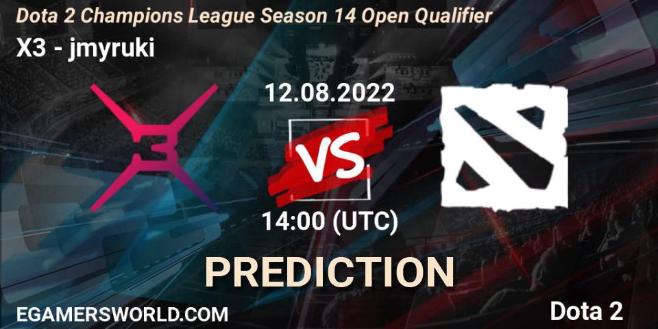 X3 contre jmyruki : prédiction de match. 12.08.2022 at 13:00. Dota 2, Dota 2 Champions League Season 14 Open Qualifier