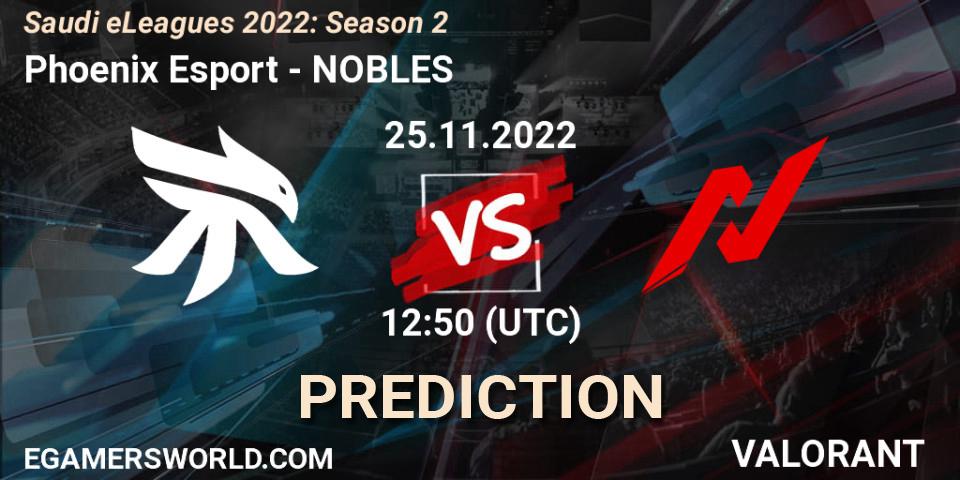 Phoenix Esport contre NOBLES : prédiction de match. 25.11.2022 at 12:50. VALORANT, Saudi eLeagues 2022: Season 2