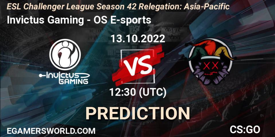 Invictus Gaming contre OS E-sports : prédiction de match. 13.10.2022 at 12:30. Counter-Strike (CS2), ESL Challenger League Season 42 Relegation: Asia-Pacific
