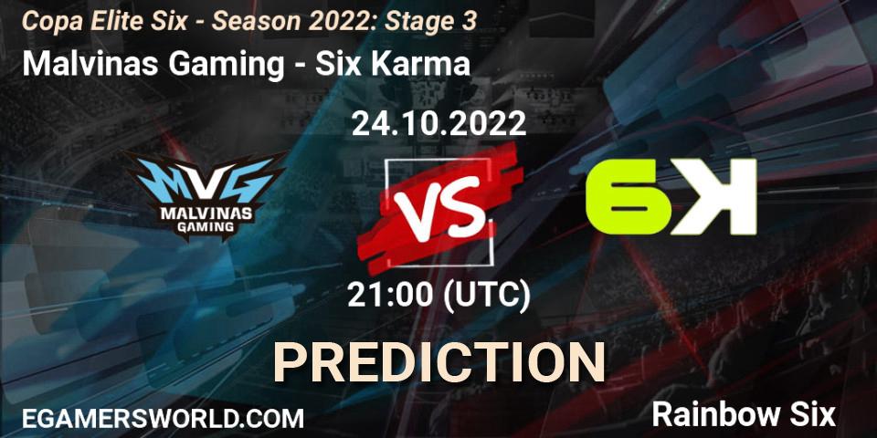Malvinas Gaming contre Six Karma : prédiction de match. 24.10.2022 at 21:00. Rainbow Six, Copa Elite Six - Season 2022: Stage 3