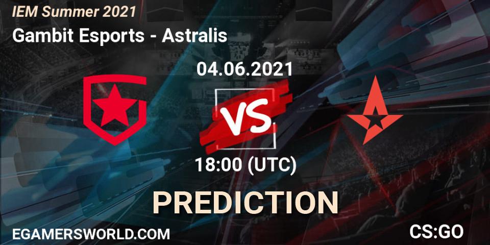 Gambit Esports contre Astralis : prédiction de match. 04.06.2021 at 19:10. Counter-Strike (CS2), IEM Summer 2021