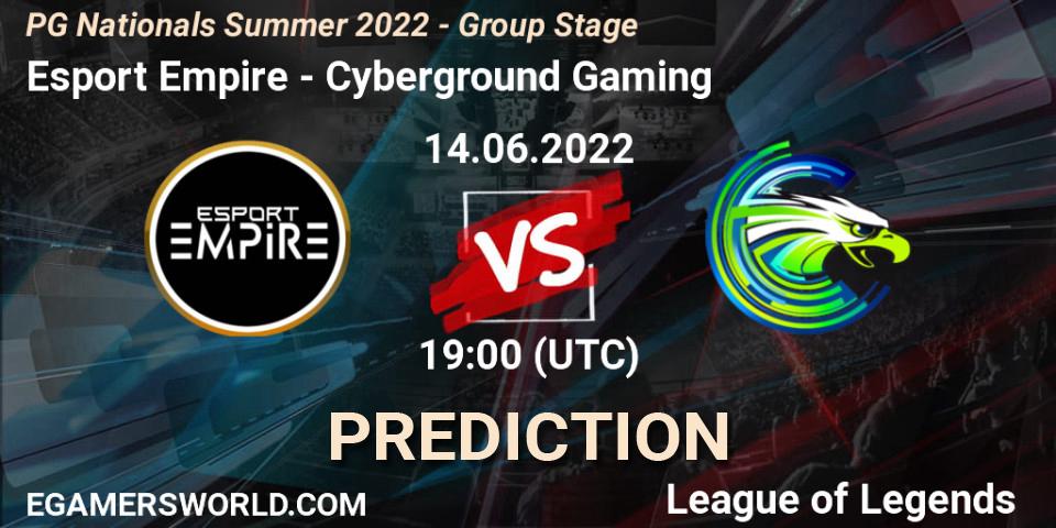 Esport Empire contre Cyberground Gaming : prédiction de match. 14.06.2022 at 19:00. LoL, PG Nationals Summer 2022 - Group Stage