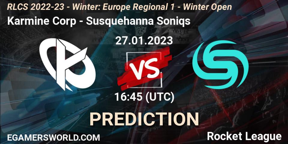 Karmine Corp contre Susquehanna Soniqs : prédiction de match. 27.01.2023 at 16:45. Rocket League, RLCS 2022-23 - Winter: Europe Regional 1 - Winter Open