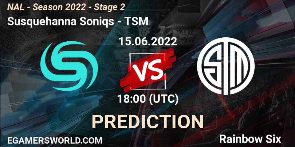 Susquehanna Soniqs contre TSM : prédiction de match. 15.06.2022 at 18:00. Rainbow Six, NAL - Season 2022 - Stage 2