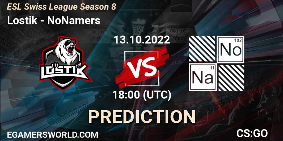 Lostik contre NoNamers : prédiction de match. 13.10.2022 at 18:00. Counter-Strike (CS2), ESL Swiss League Season 8