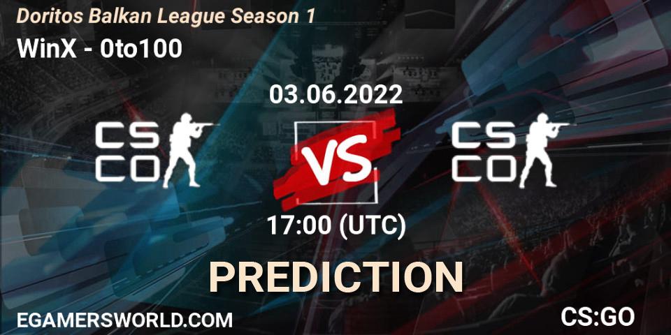 WinX contre 0to100 : prédiction de match. 03.06.2022 at 17:00. Counter-Strike (CS2), Doritos Balkan League Season 1