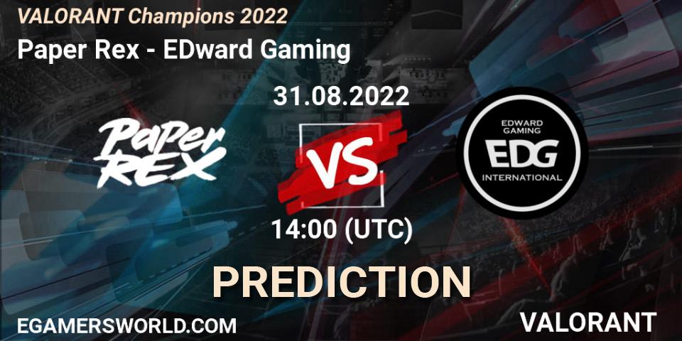 Paper Rex contre EDward Gaming : prédiction de match. 31.08.2022 at 14:20. VALORANT, VALORANT Champions 2022