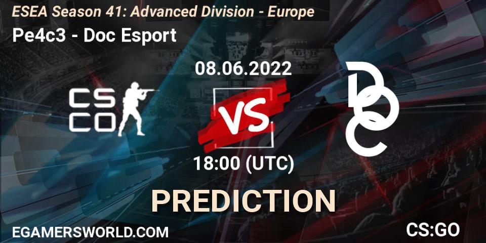 Pe4c3 contre Doc Esport : prédiction de match. 08.06.2022 at 18:00. Counter-Strike (CS2), ESEA Season 41: Advanced Division - Europe