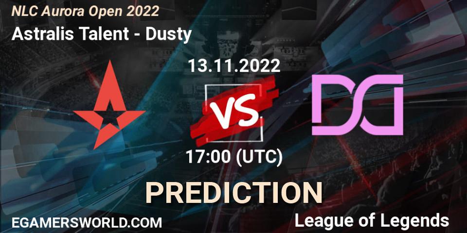 Astralis Talent contre Dusty : prédiction de match. 13.11.2022 at 17:00. LoL, NLC Aurora Open 2022