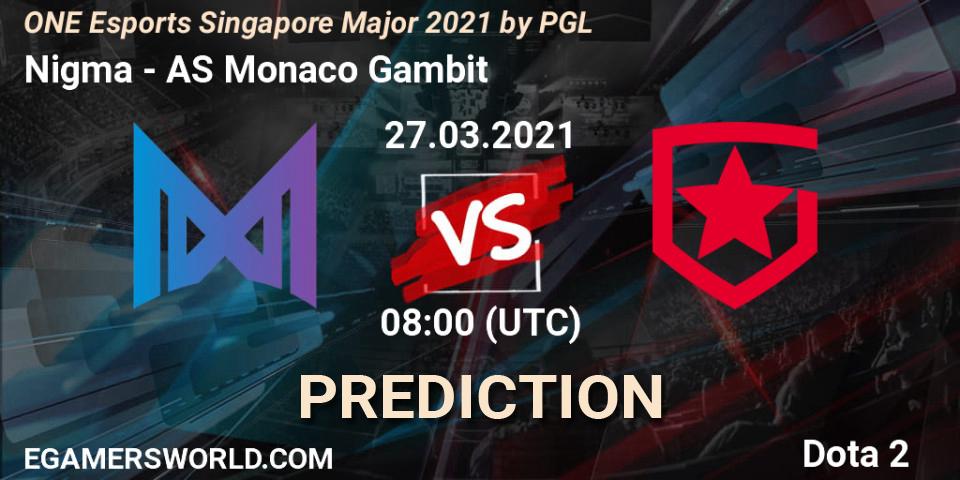 Nigma contre AS Monaco Gambit : prédiction de match. 27.03.2021 at 09:10. Dota 2, ONE Esports Singapore Major 2021