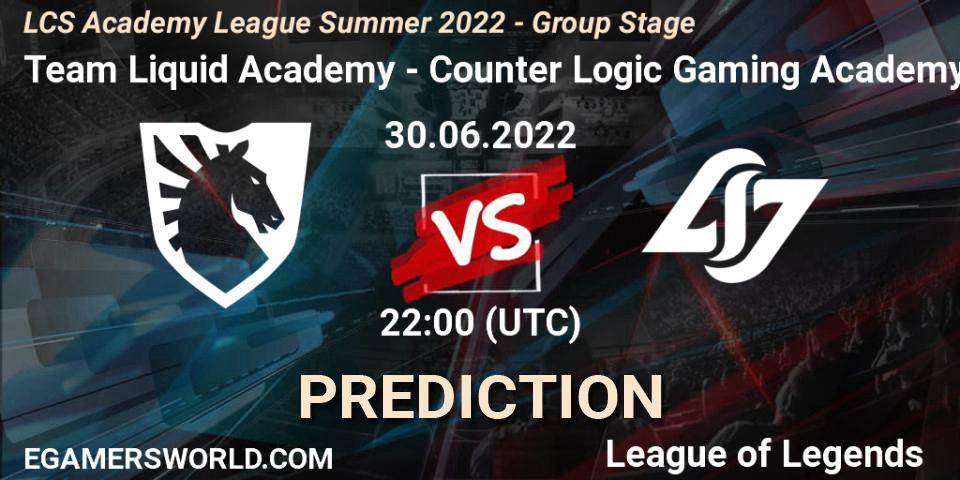 Team Liquid Academy contre Counter Logic Gaming Academy : prédiction de match. 30.06.2022 at 22:00. LoL, LCS Academy League Summer 2022 - Group Stage