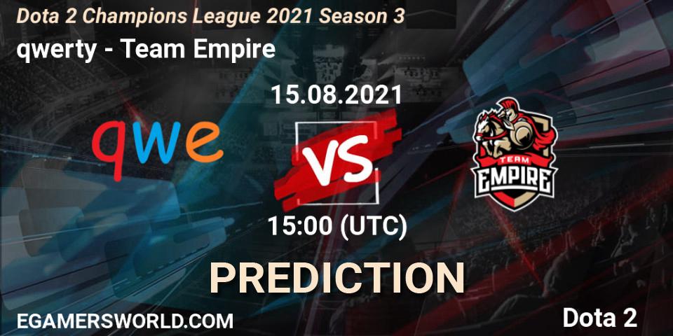 qwerty contre Team Empire : prédiction de match. 15.08.2021 at 15:00. Dota 2, Dota 2 Champions League 2021 Season 3