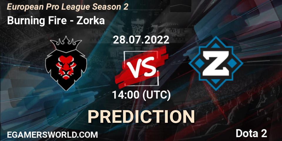 Burning Fire contre Zorka : prédiction de match. 28.07.22. Dota 2, European Pro League Season 2