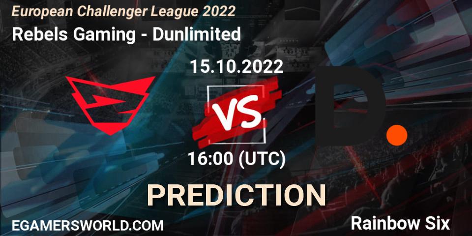 Rebels Gaming contre Dunlimited : prédiction de match. 15.10.2022 at 16:00. Rainbow Six, European Challenger League 2022