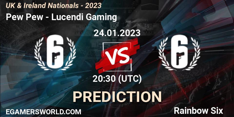 Pew Pew contre Lucendi Gaming : prédiction de match. 24.01.2023 at 20:30. Rainbow Six, UK & Ireland Nationals - 2023