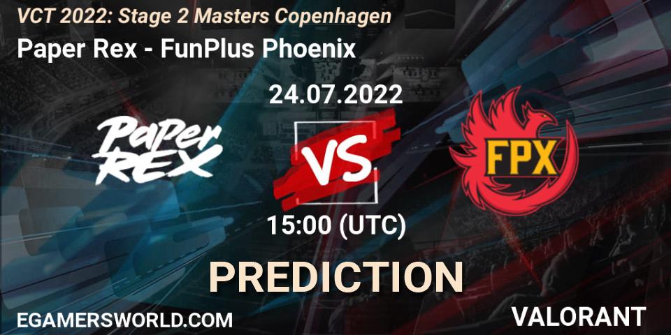 Paper Rex contre FunPlus Phoenix : prédiction de match. 24.07.2022 at 15:15. VALORANT, VCT 2022: Stage 2 Masters Copenhagen