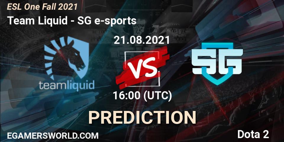 Team Liquid contre SG e-sports : prédiction de match. 21.08.2021 at 15:55. Dota 2, ESL One Fall 2021