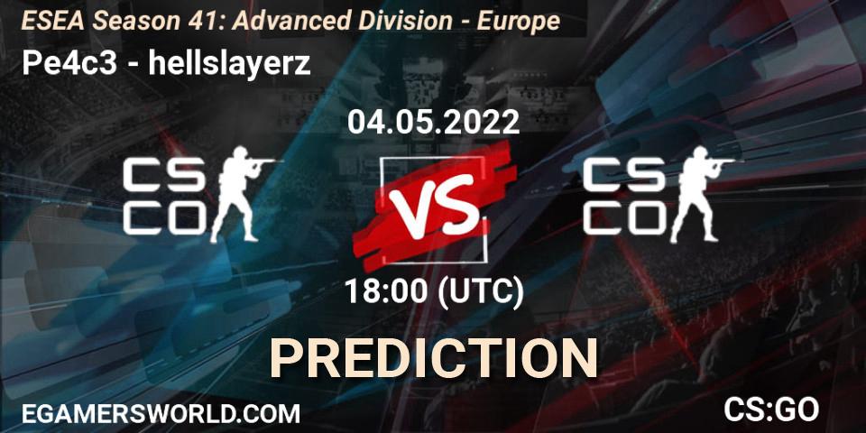 Pe4c3 contre hellslayerz : prédiction de match. 04.05.2022 at 18:00. Counter-Strike (CS2), ESEA Season 41: Advanced Division - Europe