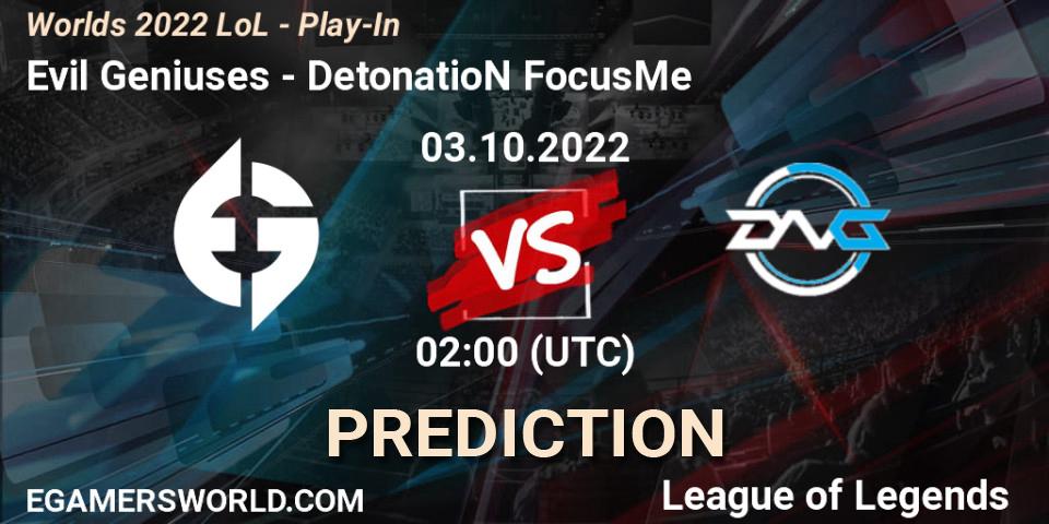 Evil Geniuses contre DetonatioN FocusMe : prédiction de match. 03.10.2022 at 02:00. LoL, Worlds 2022 LoL - Play-In