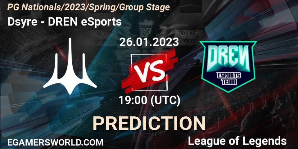 Dsyre contre DREN eSports : prédiction de match. 26.01.2023 at 19:00. LoL, PG Nationals Spring 2023 - Group Stage