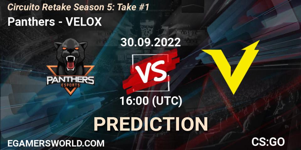 Panthers contre VELOX : prédiction de match. 30.09.2022 at 16:00. Counter-Strike (CS2), Circuito Retake Season 5: Take #1