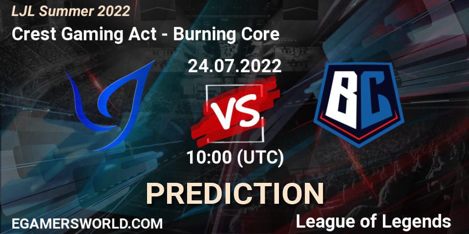 Crest Gaming Act contre Burning Core : prédiction de match. 24.07.2022 at 10:00. LoL, LJL Summer 2022